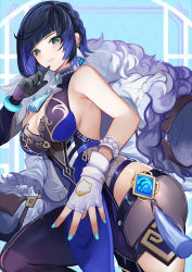 Rule 34 | 1girl, asymmetrical gloves, bare shoulders, black hair, black pants, blue dress, blue hair, blush, bob cut, breasts, cleavage, cleavage cutout, clothing cutout, diagonal bangs, dice, dress, earrings, fur-trimmed jacket, fur trim, genshin impact, gloves, green eyes, grin, highres, jacket, jacket on shoulders, jewelry, large breasts, long sleeves, looking at viewer, mismatched gloves, mole, mole on breast, multicolored hair, neck ring, pants, parted lips, pelvic curtain, pendant, pupps, revision, short hair, smile, solo, tassel, thighs, tight clothes, tight pants, two-tone hair, vision (genshin impact), white jacket, yelan (genshin impact)