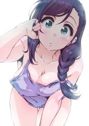 Rule 34 | 10s, 1girl, ayumu-k, bare arms, braid, breasts, chemise, cleavage, collarbone, crown braid, downblouse, green eyes, highres, large breasts, long hair, looking at viewer, love live!, love live! school idol project, purple hair, simple background, solo, strap slip, thigh gap, tojo nozomi, white background