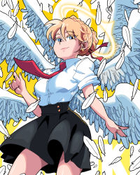 Rule 34 | 1girl, black nails, black skirt, blonde hair, blue eyes, borrowed character, cowboy shot, earrings, feathers, halo, highres, jewelry, looking at viewer, nail polish, necktie, original, red necktie, red ribbon, ribbon, scott malin, shirt, shirt tucked in, short sleeves, skirt, smile, solo, white feathers, white shirt, white wings, wings