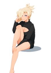 Rule 34 | 1girl, absurdres, barefoot, black sweater, blonde hair, blue eyes, breasts, casual, citadeloli, cleavage, cleavage cutout, clothing cutout, dress, eyelashes, hair ornament, hair tie, hand to head, highres, large breasts, leg up, legs, long hair, long legs, looking at viewer, meme attire, mercy (overwatch), open-chest sweater, overwatch, overwatch 1, ponytail, ribbed sweater, short hair, sitting, solo, sweater, sweater dress, turtleneck