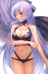 Rule 34 | 1girl, absurdres, azur lane, bare shoulders, belfast (azur lane), bikini, black bikini, black bow, blush, bow, breasts, cleavage, collarbone, commentary, english commentary, hair bow, hair ornament, highres, huge filesize, large breasts, long hair, lordol, midriff, navel, purple eyes, purple hair, solo, swimsuit, very long hair