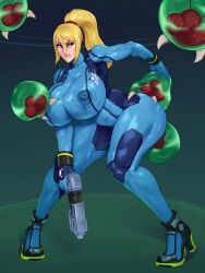 Rule 34 | 1girl, blonde hair, blue bodysuit, blue eyes, bodysuit, covered erect nipples, female focus, full body, gun, holding, holding gun, holding weapon, lactation, lactation through clothes, long hair, looking at viewer, looking to the side, metroid, metroid (creature), mole, mole under mouth, nintendo, ponytail, rampage (leedash2), samus aran, solo, weapon, zero suit