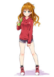 Rule 34 | 1girl, black socks, blue shorts, blush, bottle, brown hair, casual, floating hair, full body, hino akane (idolmaster), holding, holding bottle, hood, hood down, hooded sweater, idolmaster, idolmaster cinderella girls, long hair, long sleeves, looking at viewer, parted lips, red footwear, red sweater, shiny skin, short shorts, shorts, simple background, smile, socks, solo, standing, sweater, trente, white background