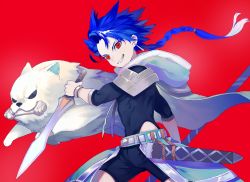 Rule 34 | 1boy, angry, animal, bad id, bad twitter id, belt, blue hair, bodysuit, bodysuit under clothes, bone, bracelet, braid, braided ponytail, capelet, child, clothing cutout, cu chulainn (fate), dagger, dog, earrings, fate/grand order, fate/grand order arcade, fate (series), floating hair, from side, fur, grin, highres, holding, holding dagger, holding knife, holding weapon, hood, hood down, hooded capelet, jewelry, knife, long hair, long sleeves, looking at viewer, male focus, puppy, red background, red eyes, scabbard, setanta (fate), sheath, simple background, skin tight, slit pupils, smile, spiked hair, tetsu (teppei), thigh cutout, weapon