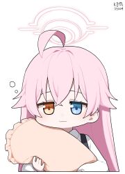 Rule 34 | 1girl, absurdres, ahoge, artist name, blue archive, blue eyes, closed mouth, dated, hair between eyes, halo, heterochromia, highres, holding, holding pillow, hoshino (blue archive), long hair, long sleeves, myeolchi, pillow, pink hair, pink halo, shirt, signature, simple background, solo, upper body, white background, white shirt, yellow eyes