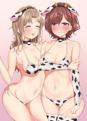 Rule 34 | 2girls, absurdres, animal ears, animal print, bell, bikini, black choker, blush, breasts, brown hair, choker, cleavage, collarbone, cow ears, cow horns, cow print, embarrassed, fake animal ears, gradient background, hair ornament, hairclip, hand on another&#039;s shoulder, highres, higuchi madoka, holding own arm, horns, ichikawa hinana, idolmaster, idolmaster shiny colors, large breasts, long hair, long sleeves, looking away, medium breasts, mole, mole under eye, moriyama a, multiple girls, navel, neck bell, open mouth, parted bangs, parted lips, pink background, purple eyes, short hair, side-tie bikini bottom, simple background, smile, solo, standing, swept bangs, swimsuit, thighhighs, v