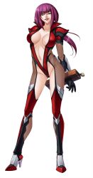 Rule 34 | 00s, 1girl, absurdres, armor, blunt bangs, bodysuit, breasts, breasts apart, center opening, collarbone, covered erect nipples, dual wielding, evil grin, evil smile, female focus, fishnets, full body, game cg, gloves, grin, groin, head tilt, high collar, high heels, highleg, highres, holding, kagami hirotaka, large breasts, legs, leotard, lilith-soft, lips, lipstick, long hair, long legs, looking at viewer, makeup, midriff, naughty face, navel, oboro (taimanin asagi), official art, parted lips, ponytail, purple eyes, purple hair, red eyes, red leotard, shiny clothes, shiny skin, shoes, shoulder pads, smile, solo, standing, taimanin (series), taimanin asagi, taimanin asagi 3, thighs, transparent background