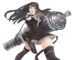Rule 34 | 10s, 1girl, :o, belt, black dress, black eyes, black hair, black ribbon, black thighhighs, breasts, cannon, cleavage, dress, goggles, goggles on head, granblue fantasy, gun, highres, holster, huge weapon, jessica (granblue fantasy), long hair, miwayama, open mouth, ribbon, short dress, simple background, solo, thighhighs, weapon, white background, zettai ryouiki