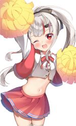 Rule 34 | 1girl, absurdres, alternate costume, arm up, blush, breasts, cheerleader, commentary request, cowboy shot, cropped shirt, fang, grey hair, highres, hololive, horns, jacket, long hair, looking at viewer, nakiri ayame, navel, one eye closed, open mouth, pleated skirt, pom pom (cheerleading), ponytail, rappi, red eyes, red jacket, red skirt, shirt, simple background, skin-covered horns, skin fang, skirt, small breasts, smile, solo, thighhighs, virtual youtuber, white background, white shirt, white thighhighs