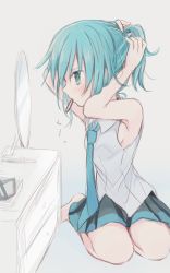 Rule 34 | 1girl, absurdres, alternate hair length, alternate hairstyle, aqua eyes, aqua hair, aqua necktie, bare shoulders, black skirt, blush, chest of drawers, from side, grey background, grey shirt, hair tie, hair tie in mouth, hands in hair, hands up, hatsune miku, highres, hitode, looking at mirror, looking to the side, miniskirt, mirror, mouth hold, necktie, pleated skirt, ponytail, seiza, shirt, sitting, skirt, sleeveless, sleeveless shirt, solo, translated, tying hair, vocaloid