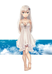 Rule 34 | 1girl, barefoot, breasts, cleavage, cloud, cloudy sky, collarbone, feet, flower, full body, green eyes, hair flower, hair ornament, highres, long hair, nightgown, original, outside border, sky, smile, solo, toes, tsukimizu (ordeal), white background, white hair