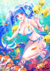Rule 34 | 1girl, :d, air bubble, angelfish, barefoot, bikini, blue bikini, blue hair, bracelet, breasts, breath, bubble, cleavage, clownfish, coral, damselfish, female focus, fish, freediving, happy, highres, holding breath, jewelry, large breasts, looking at viewer, open mouth, original, prrr, red eyes, side-tie bikini bottom, smile, solo, striped bikini, striped clothes, swimming, swimsuit, tropical fish, twitter username, underwater