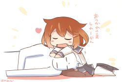 Rule 34 | 10s, 1boy, 1girl, admiral (kancolle), blush stickers, brown hair, closed eyes, fang, hair flaps, hair ornament, hairclip, hanomido, hat, heart, hetero, hug, ikazuchi (kancolle), kantai collection, lap pillow, open mouth, peaked cap, school uniform, serafuku, short hair, simple background, skirt, thighhighs, translation request