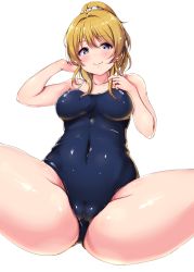 Rule 34 | 1girl, absurdres, ayase eli, bare shoulders, blonde hair, blue eyes, blue one-piece swimsuit, blush, breasts, cameltoe, cleft of venus, closed mouth, collarbone, competition school swimsuit, covered navel, groin, hair between eyes, highres, long hair, looking at viewer, love live!, love live! school idol project, medium breasts, one-piece swimsuit, ponytail, school swimsuit, scrunchie, shinonon (iso shino), simple background, smile, solo, spaghetti strap, spread legs, swimsuit, taut clothes, thick thighs, thighs, white background, white scrunchie, wide hips