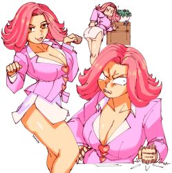 Rule 34 | 1girl, 3amsoda, ace attorney, angry, april may, ass, breasts, cleavage, from behind, heart, highres, huge ass, large breasts, long sleeves, medium hair, pink hair, skirt, teeth