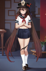 Rule 34 | 1girl, alternate costume, aruman, black nails, black panties, black sailor collar, blue skirt, blurry, blurry background, brown footwear, brown hair, commentary, cropped shirt, flower, flower-shaped pupils, full body, genshin impact, hair between eyes, hat, hat flower, highres, hu tao (genshin impact), indoors, interlocked fingers, loafers, long hair, looking at viewer, midriff, navel, neckerchief, own hands together, paid reward available, panties, panty pull, plant, pleated skirt, plum blossoms, porkpie hat, potted plant, red eyes, red neckerchief, sailor collar, school uniform, see-through panties, serafuku, shirt, shoes, short sleeves, skirt, sleeve cuffs, smile, socks, solo, standing, symbol-shaped pupils, table, twintails, underwear, variant set, very long hair, white shirt, white socks