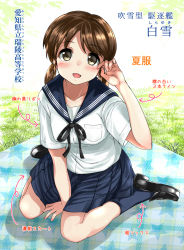 Rule 34 | 1girl, alternate costume, black footwear, black ribbon, blue sailor collar, blue skirt, blue socks, brown eyes, brown hair, collarbone, collared shirt, commentary request, full body, grass, kantai collection, loafers, looking at viewer, low twintails, neck ribbon, neckerchief, nukoyarou, parted bangs, pleated skirt, ribbon, sailor collar, school uniform, serafuku, shirayuki (kancolle), shirt, shoes, short hair, short twintails, sitting, skirt, smile, socks, solo, translation request, twintails, wariza