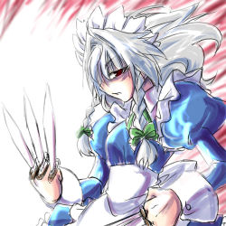 Rule 34 | 1girl, between fingers, braid, female focus, holding, izayoi sakuya, knife, lowres, maid, short hair, silver hair, solo, throwing knife, touhou, twin braids, weapon