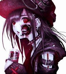 Rule 34 | 1girl, brown hair, chain, choker, cup, drinking straw, ear chain, ear piercing, exposed muscle, guro, hair ornament, hat, highres, holding, holding cup, original, piercing, red eyes, skull hair ornament, solo, spiked choker, spikes, teeth, upper body, yu-ki iwata