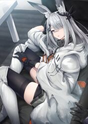 Rule 34 | 1girl, animal ear fluff, animal ears, arknights, black gloves, black skirt, black thighhighs, cape, couch, ear ornament, eyes visible through hair, frostnova (arknights), gloves, grey hair, grey scarf, hair ornament, hair over one eye, hairclip, highres, hood, hood down, hooded cape, indoors, long hair, looking at viewer, on couch, rabbit ears, rabbit girl, scar, scar on face, scar on nose, scarf, sitting, skirt, solo focus, table, thighhighs, white cape, yuki kawachi