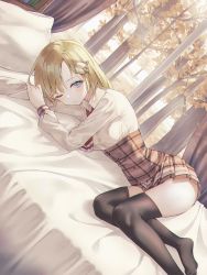 Rule 34 | 1girl, blonde hair, blue eyes, blush, breasts, cha chya, collared shirt, hair ornament, highres, hololive, hololive english, long hair, long sleeves, looking at viewer, lying, medium breasts, necktie, on bed, on side, one eye closed, plaid, plaid skirt, red necktie, shirt, skirt, solo, virtual youtuber, watson amelia, watson amelia (1st costume), white shirt
