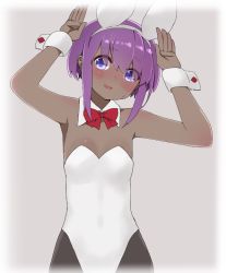 Rule 34 | 1girl, arms up, bare shoulders, black pantyhose, blush, bow, breasts, collar, dark-skinned female, dark skin, detached collar, diamond (shape), eyes visible through hair, fate/prototype, fate/prototype: fragments of blue and silver, fate (series), hair over eyes, hairband, hassan of serenity (fate), i.u.y, leotard, pantyhose, parted lips, purple eyes, purple hair, rabbit pose, red bow, small breasts, smile, solo, strapless, strapless leotard, white collar, white hairband, white leotard, wing collar, wrist cuffs
