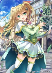 Rule 34 | 1girl, blue sky, bow, braid, building, capelet, choker, day, gem, glint, gold trim, hair between eyes, hair ornament, instrument, long hair, long sleeves, lyre, music, natsumi, official art, outdoors, pink bow, playing instrument, shinkai no valkyrie, skirt, sky, solo, standing, thighhighs, two side up, watermark, white skirt, white thighhighs