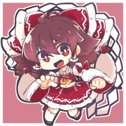 Rule 34 | 1girl, ascot, bare shoulders, black footwear, border, bow, brown eyes, brown hair, chibi, collared vest, commentary request, detached sleeves, dnk, frilled bow, frilled hair tubes, frilled skirt, frills, full body, gohei, hair bow, hair tubes, hakurei reimu, highres, holding, kneehighs, long sleeves, mary janes, midriff, navel, nontraditional miko, open mouth, red background, red bow, red skirt, red vest, ribbon-trimmed sleeves, ribbon trim, shoes, simple background, skirt, socks, solo, touhou, vest, white border, white socks, white sleeves, wide sleeves, yellow ascot