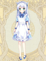 Rule 34 | 1girl, animal ears, apron, bad id, bad pixiv id, blue dress, blue footwear, blue hairband, blush, character request, closed mouth, commentary request, dairoku ryouhei, dress, fake animal ears, frilled apron, frilled dress, frilled hairband, frills, full body, green eyes, hairband, high heels, long hair, looking at viewer, pleated dress, puffy short sleeves, puffy sleeves, satsuki yukimi, shoes, short sleeves, silver hair, solo, standing, very long hair, white apron