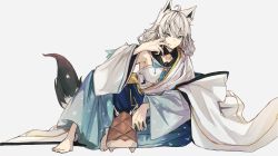 Rule 34 | 1girl, absurdres, adapted costume, ahoge, animal ears, armpit peek, barefoot, blue eyes, blue neckwear, breasts, closed mouth, commentary, detached sleeves, ear piercing, fox ears, fox tail, full body, grey background, hair between eyes, hakama, hakama pants, highres, hololive, japanese clothes, long hair, looking at viewer, medium breasts, oruyanke (shirakami fubuki), pants, pentagram, piercing, robe, shirakami fubuki, shirakami fubuki (new year), silver hair, simple background, sitting, smile, solo, tail, tsumeki, virtual youtuber, white robe
