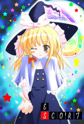 Rule 34 | 1girl, blonde hair, braid, capelet, cover, cover page, female focus, hat, hexagram, kirisame marisa, magic circle, nagase bou, one eye closed, outstretched hand, reaching, solo, star (symbol), subterranean animism, tongue, touhou, wink, witch, witch hat, yellow eyes