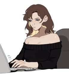 Rule 34 | 1girl, absurdres, black sweater, blonde hair, blue eyes, breasts, brown hair, chair, closed mouth, computer, ear piercing, earrings, highres, jewelry, keyboard (computer), laptop, martini (porqueloin), mole, mole on breast, mole on chest, mole under eye, multicolored hair, nose piercing, off-shoulder sweater, off shoulder, office chair, piercing, porqueloin, real life, sitting, solo, sweater, swivel chair, two-tone hair, typing, white background