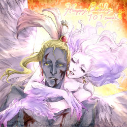 Rule 34 | 1990s (style), 1boy, 1girl, ai (ai1470), blonde hair, blood, cefca palazzo, claws, colored skin, couple, earrings, closed eyes, feathers, final fantasy, final fantasy vi, hug, jewelry, long hair, ponytail, purple hair, purple skin, trance terra branford, wings, yellow eyes