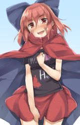 Rule 34 | 1girl, bad id, bad pixiv id, blush, bow, cape, clothes writing, cosplay, cowboy shot, hair bow, hecatia lapislazuli, highres, looking at viewer, oborofu, open mouth, red eyes, red hair, sekibanki, sekibanki (cosplay), shirt, skirt, smile, solo, tears, thighs, touhou