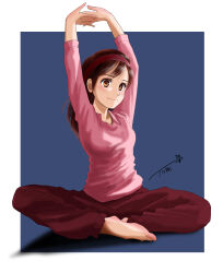 Rule 34 | 1girl, arms up, barefoot, blue background, brown eyes, brown hair, brown pants, chutohampa, hairband, interlocked fingers, long hair, original, own hands together, pants, pink shirt, red hairband, shirt, simple background, sitting, solo, stretching