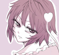 Rule 34 | 1girl, bad id, bad pixiv id, bags under eyes, collar, frilled collar, frilled shirt collar, frills, from behind, half-closed eyes, heart, ke-su, komeiji satori, light frown, looking at viewer, looking back, monochrome, outline, parted lips, purple theme, short hair, simple background, solo, touhou, upper body