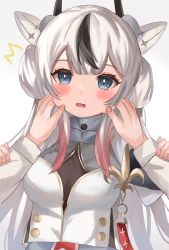 Rule 34 | 1girl, azur lane, blush, breasts, cheek pinching, commentary request, grey hair, hair between eyes, hair ornament, highres, l&#039;indomptable (azur lane), long hair, looking at viewer, open mouth, pinching, pov, pov hands, simple background, small breasts, solo focus, uniform, watage tanpopo, white background