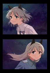Rule 34 | 2girls, absurdres, animal ears, black necktie, blue eyes, blue jacket, cat ears, chil 5678, closed mouth, collared shirt, dog ears, eila ilmatar juutilainen, green eyes, grey hair, highres, jacket, long hair, military, military uniform, multiple girls, necktie, night, night sky, protected link, sanya v. litvyak, shirt, short hair, sky, smile, star (sky), starry sky, strike witches, uniform, white shirt, wind, world witches series