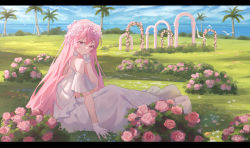 Rule 34 | 1girl, arch, bird, bride, day, dress, floral arch, flower, gloves, grass, hair flower, hair ornament, highres, lantian lanz, letterboxed, looking at viewer, original, outdoors, palm tree, pink eyes, pink hair, short sleeves, sitting, tree, water, wedding dress, white dress, white gloves