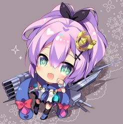 Rule 34 | + +, 1girl, :d, azur lane, chibi, commentary request, crown, dress, green eyes, hair ornament, hair ribbon, hairpin, javelin (azur lane), looking at viewer, machinery, mini crown, open mouth, purple eyes, purple hair, ribbon, ringo sui, scarf, smile, solo, turret, white dress