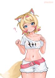 Rule 34 | 1girl, ?, absurdres, animal ear fluff, animal ears, artist name, belt, blonde hair, blue eyes, blue nails, breasts, closed mouth, commentary, cowboy shot, crop top, crossed bangs, dog ears, dog girl, dog tail, dopeybunni, double-parted bangs, english commentary, fake horns, hair intakes, hairband, hands up, head tilt, highres, hip bones, hololive, hololive english, horns, looking at viewer, mococo abyssgard, mococo abyssgard (1st costume), multicolored hair, nail polish, navel, paw pose, pink belt, pink hair, pink hairband, see-through, see-through shirt, shirt, short hair, short shorts, short sleeves, shorts, simple background, single bare shoulder, single off shoulder, small breasts, solo, standing, streaked hair, tail, thighs, two side up, virtual youtuber, white background, white shirt, white shorts