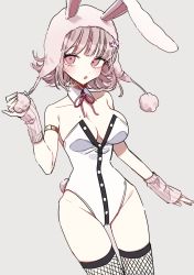 Rule 34 | 1girl, :o, animal ears, bare shoulders, blush, breasts, cleavage, collarbone, cowboy shot, danganronpa (series), danganronpa 2: goodbye despair, fake animal ears, fishnet thighhighs, fishnets, flipped hair, groin, hair ornament, hand up, highres, leotard, looking at viewer, medium breasts, medium hair, mole, mole on breast, nanami chiaki, official alternate costume, open mouth, patzzi, pink eyes, pink ribbon, playboy bunny, rabbit ears, ribbon, simple background, solo, thighhighs