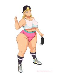 Rule 34 | 1girl, backwards hat, bad id, bad pixiv id, baseball cap, belly, black bra, black hat, blonde hair, blush, bottle, bra, breasts, female focus, full body, gym shorts, hat, highres, holding, large breasts, legs, long hair, looking at viewer, original, pink shorts, plump, purple eyes, shoes, shorts, simple background, sneakers, socks, solo, standing, tank top, thick thighs, thighs, thumbs up, toroboro, underwear, water bottle, white background, white footwear, white tank top, wide hips