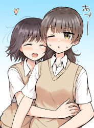 Rule 34 | 2girls, absurdres, betock, blue background, blush, brown eyes, brown hair, brown sweater vest, closed eyes, collared shirt, commentary request, embarrassed, gradient background, heart, highres, hug, hug from behind, long hair, multiple girls, one eye closed, open mouth, original, parted lips, shirt, short sleeves, smile, sweat, sweater vest, upper body, white background, white shirt, yuri