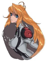 Rule 34 | 1girl, blue eyes, breasts, closed mouth, elhaym van houten, from side, hesuke, large breasts, long hair, looking at viewer, looking to the side, military, military uniform, orange hair, shaded face, simple background, smile, solo, uniform, upper body, very long hair, white background, xenogears