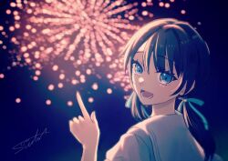 Rule 34 | 1girl, :d, aerial fireworks, blue eyes, blue hair, blue ribbon, blurry, blurry background, bokeh, commentary request, dark blue hair, depth of field, dress, fireworks, hair ribbon, hand up, hasu no sora school uniform, index finger raised, link! like! love live!, long hair, looking at viewer, looking back, love live!, low twintails, lower teeth only, mole, mole on neck, murano sayaka, night, night sky, open mouth, pointing, portrait, puffy short sleeves, puffy sleeves, ribbon, sailor collar, sailor dress, school uniform, short sleeves, signature, sky, smile, solo, suito, summer uniform, teeth, twintails, virtual youtuber, white dress, white sailor collar