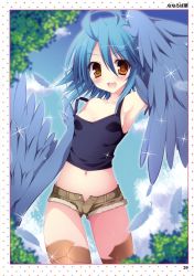 Rule 34 | 1girl, :d, absurdres, ahoge, arm up, artbook, artist name, bird legs, black tank top, blue hair, blue sky, blue wings, blush, border, breasts, brown shorts, cowboy shot, feathered wings, feathers, hair between eyes, harpy, highres, micro shorts, midriff, monster girl, monster musume no iru nichijou, nanaroba hana, navel, open fly, open mouth, page number, papi (monster musume), scan, short hair, shorts, sideboob, sky, small breasts, smile, solo, strap slip, tank top, teeth, white border, winged arms, wings, yellow eyes