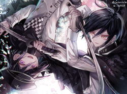 Rule 34 | 2boys, ahoge, black hair, black headwear, checkered clothes, checkered scarf, commentary request, danganronpa (series), danganronpa v3: killing harmony, eyelashes, grin, hair between eyes, hat, holding, holding sword, holding weapon, jacket, katana, long sleeves, looking at another, male focus, multiple boys, open mouth, oma kokichi, pale skin, pink eyes, purple hair, saihara shuichi, scarf, school uniform, shirt, short hair, smile, straitjacket, striped, sword, teeth, twitter username, upper teeth only, weapon, yellow eyes, z-epto (chat-noir86)