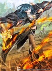 Rule 34 | 1girl, armor, black armor, black footwear, blue eyes, blue hair, boots, byleth (female) (fire emblem), byleth (fire emblem), dagger, fire emblem, fire emblem: three houses, fire emblem cipher, full body, gloves, glowing, glowing sword, glowing weapon, hair between eyes, high heel boots, high heels, holding, holding sword, holding weapon, jacket, knife, looking at viewer, nintendo, official art, pantyhose, pantyhose under shorts, short shorts, shorts, standing, stomach, sword, tagme, toyo sao, tunic, v-shaped eyebrows, weapon, whip sword