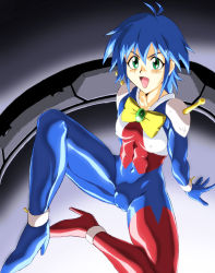 Rule 34 | 1girl, abs, allenby beardsley, blue bodysuit, blue hair, blush, bodysuit, bow, breasts, cameltoe, commentary request, enfuku, g gundam, gloves, green eyes, gundam, highres, looking at viewer, mobile trace suit, multicolored bodysuit, multicolored clothes, open mouth, red bodysuit, short hair, skin tight, smile, solo